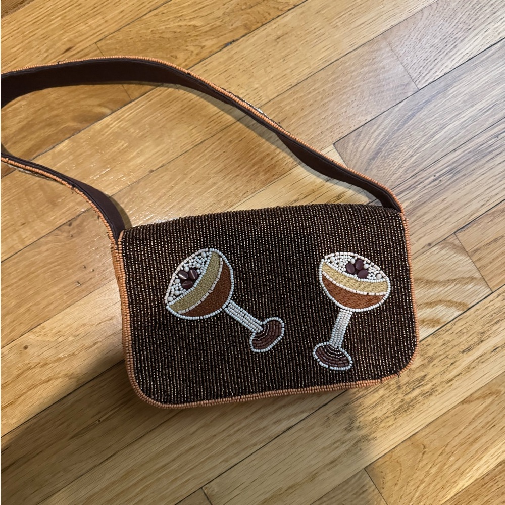Anthropologie Brown and White Beaded Shoulder Bag - Picture 2 of 2